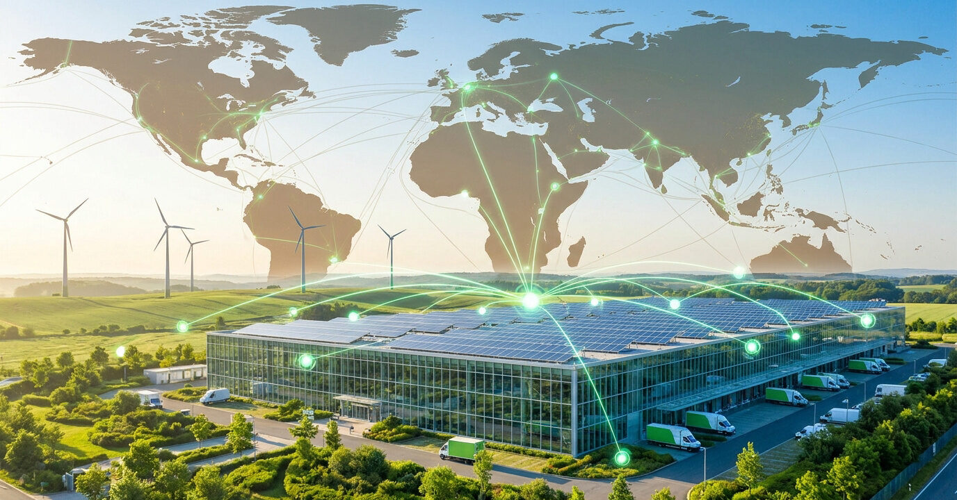 Entrepôt logistique durable avec panneaux solaires, éoliennes et carte du monde connectée en arrière-plan.