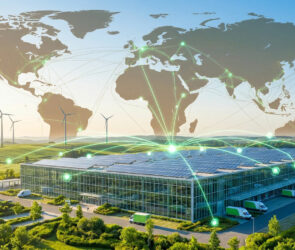 Entrepôt logistique durable avec panneaux solaires, éoliennes et carte du monde connectée en arrière-plan.